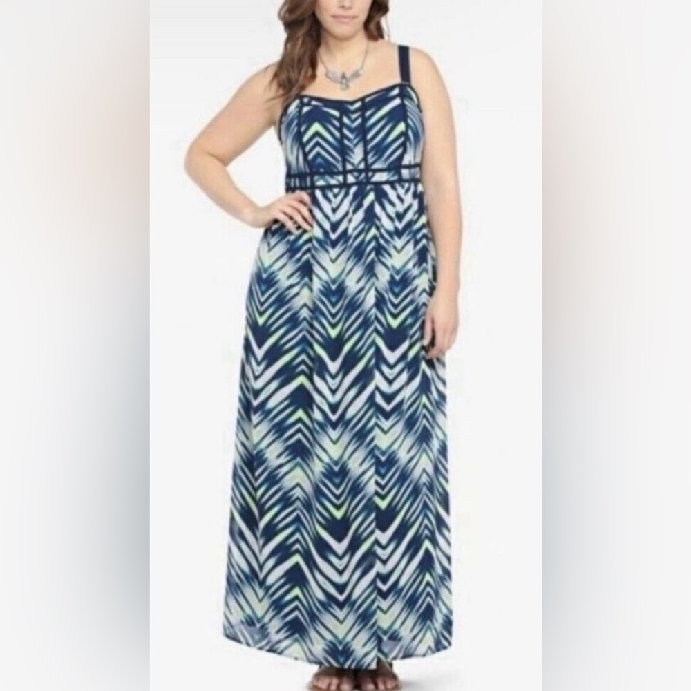 Women’s Torrid Blue Green Chevron Sleeveless Chiffon Maxi Resortwear Vacation 12